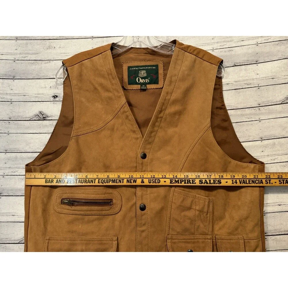 ORVIS Mens Leather Hunting Vest Sz M Safari Utility Snap Button Brown Vintage